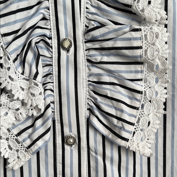 KARL LAGERFIELD Black and White Blue Striped Ruffle Button Down Shirt, Size M - Picture 3 of 10